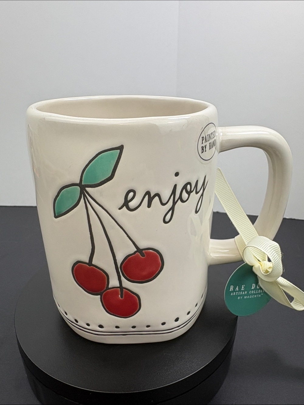 Rae Dunn “enjoy” Mug Red Cherries Green Leaves Hand Painted Artisan Collection
